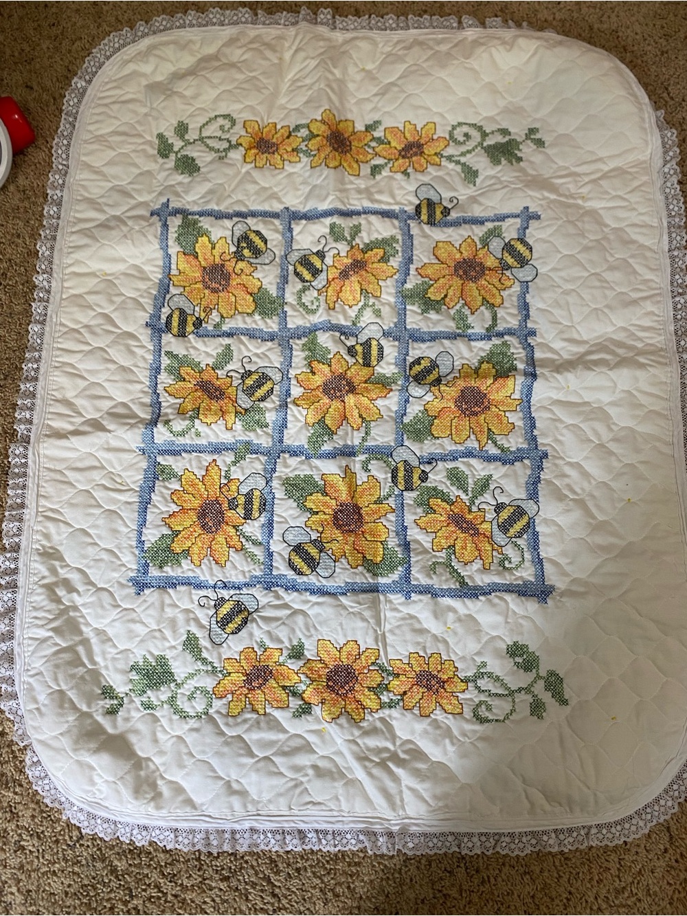 Handmade Cross Stitch Sunflower & Bee Quilted Lap Quilt Blanket